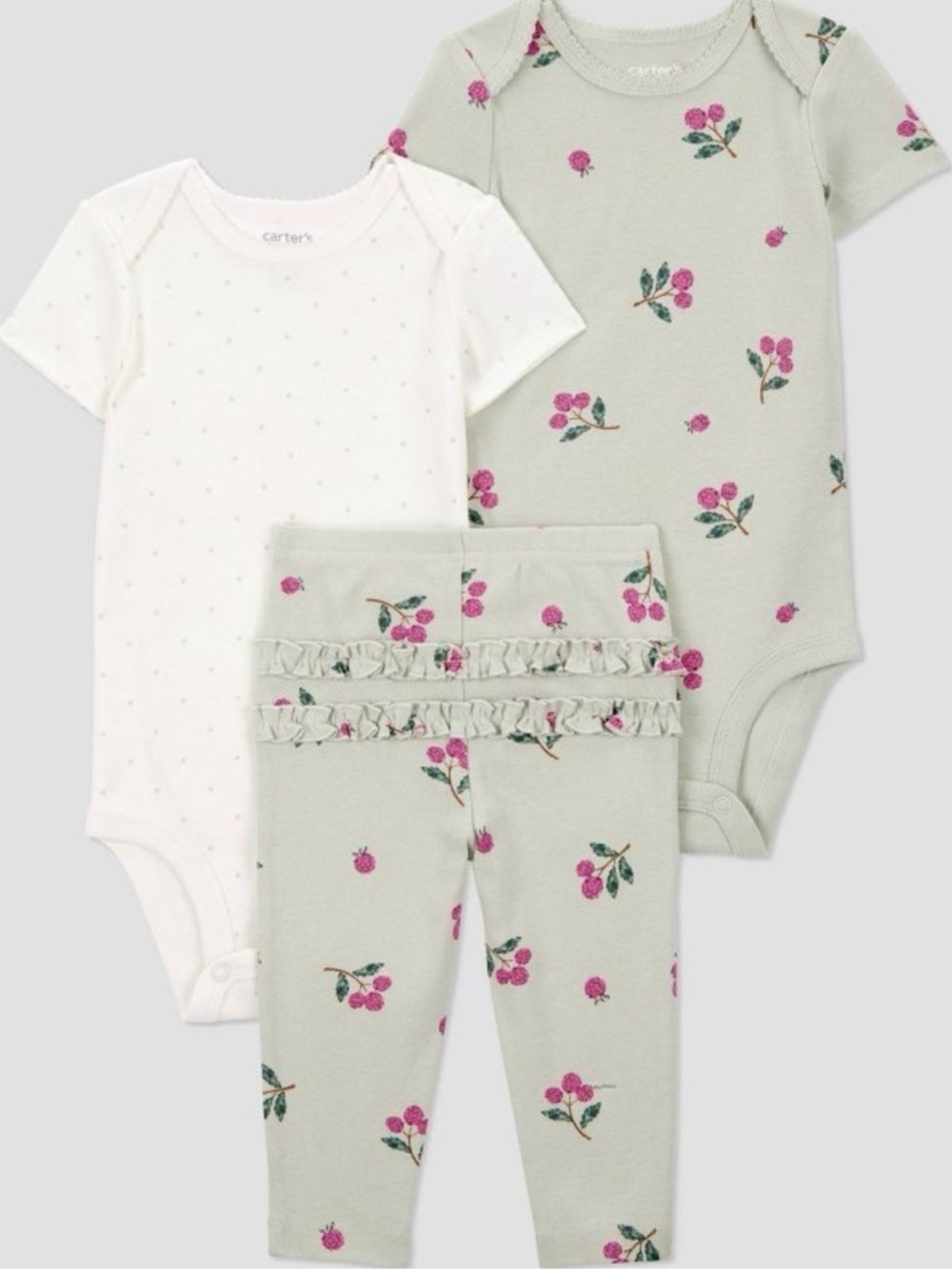 NWT- Carter's Sage Floral Bodysuit & White Dot Bodysuit with Ruffle Leggings- 6M